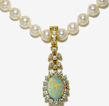 Jacques 18 Kt Yellow Gold Opal and Diamond Clip-on Pearl Necklace