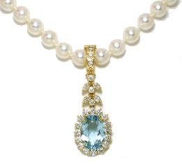 Jacques 18 Kt Yellow Gold Aquamarine and Diamond Clip-on Pearl Necklace