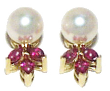 Jacques 18 Kt Yellow Gold Pearl and Ruby Earrings